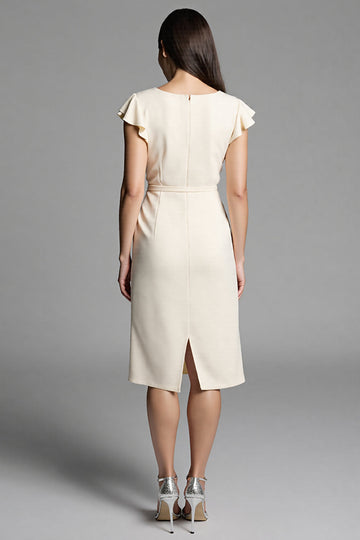 Ivory Bodycon Ruched Ruffled Midi Work Dress with Sash